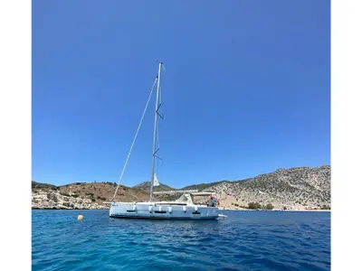 Exterior view of Bade Lal, a Dufour 390 Grand Large sailboat at Marmaris, Turkey
