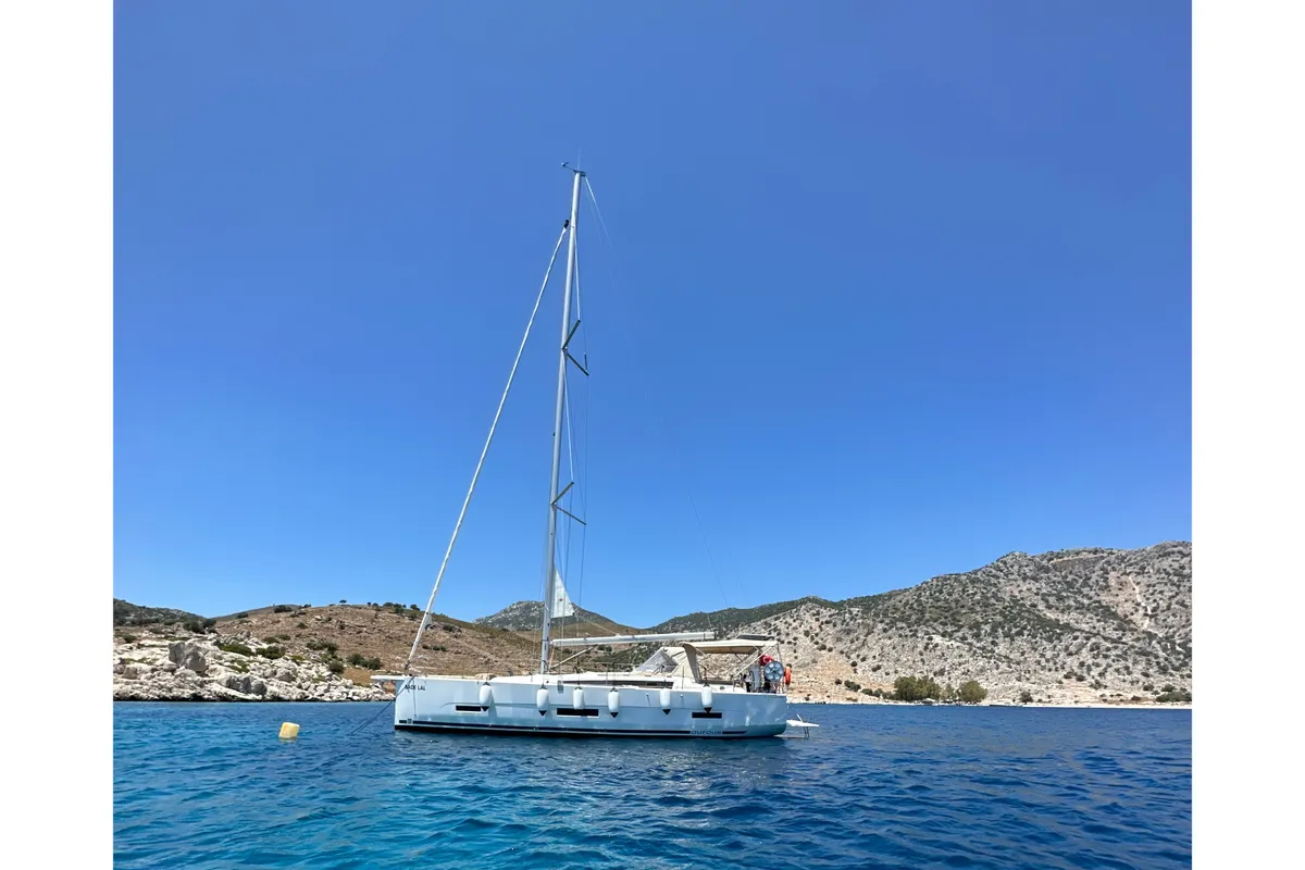 Exterior view of Bade Lal, a Dufour 390 Grand Large sailboat at Marmaris, Turkey