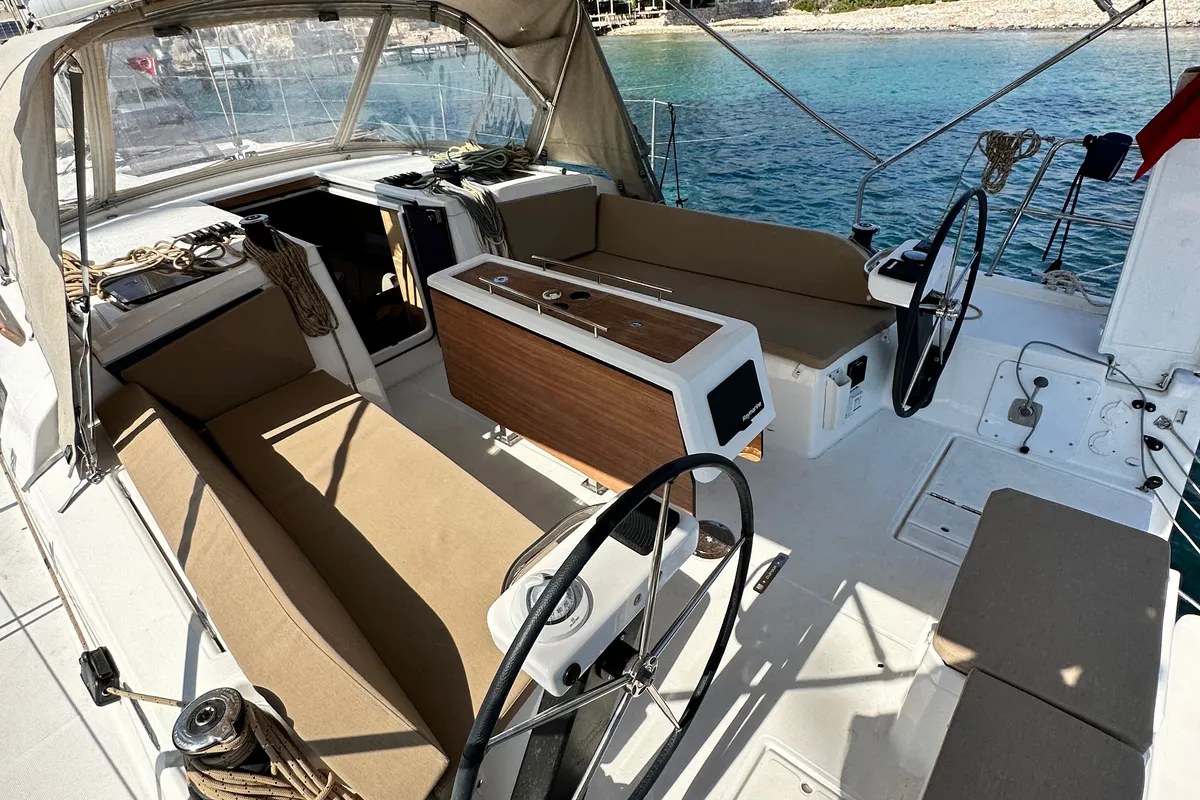 Cockpit of Bade Lal, a Dufour 390 Grand Large sailboat at Marmaris, Turkey