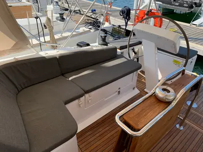 Deck of Oreo, a Hanse 458 sailboat at Thessaloniki, Greece