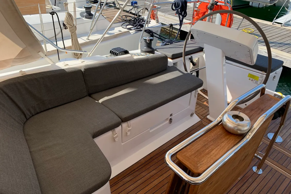 Deck of Oreo, a Hanse 458 sailboat at Thessaloniki, Greece