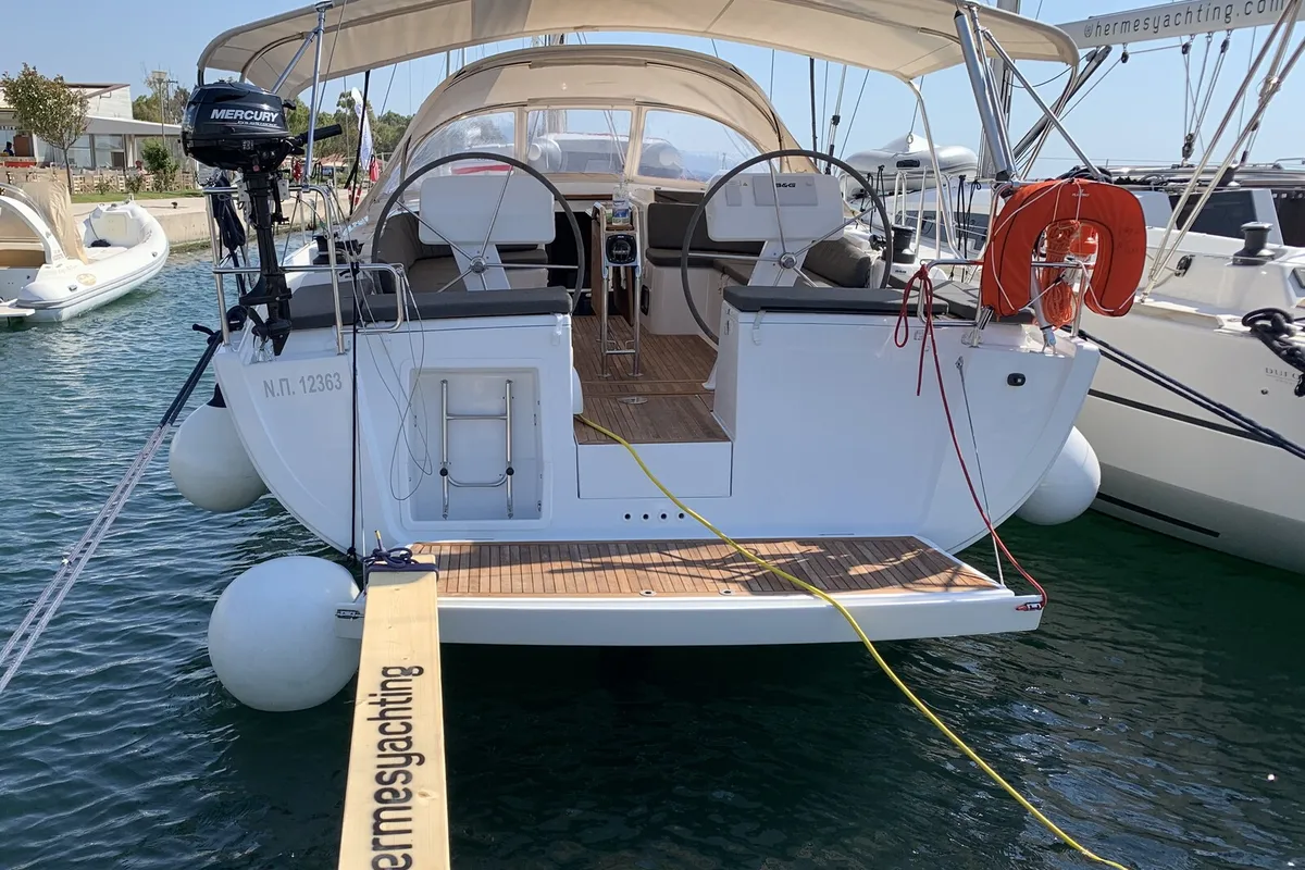 Exterior view of Oreo, a Hanse 458 sailboat at Thessaloniki, Greece