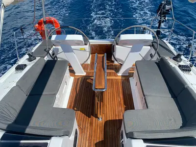 Cockpit of Oreo, a Hanse 458 sailboat at Thessaloniki, Greece