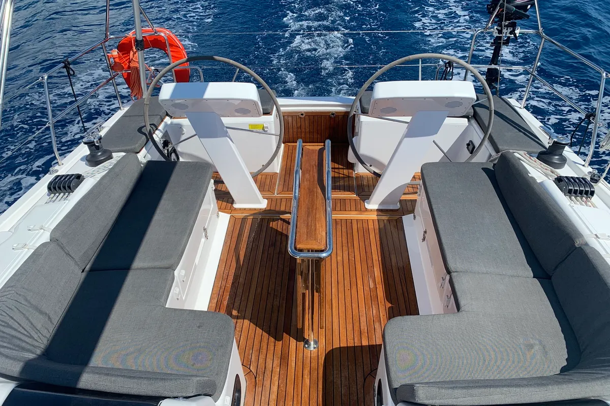 Cockpit of Oreo, a Hanse 458 sailboat at Thessaloniki, Greece