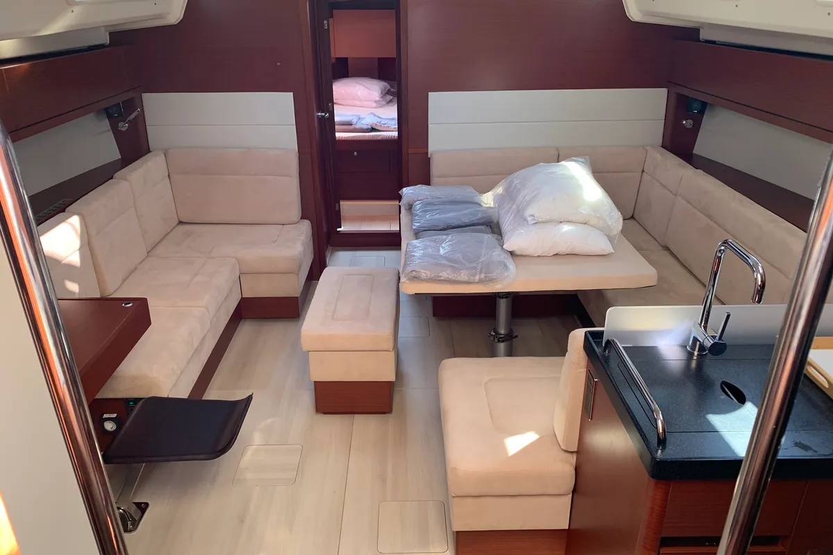 Salon of Oreo, a Hanse 458 sailboat at Thessaloniki, Greece