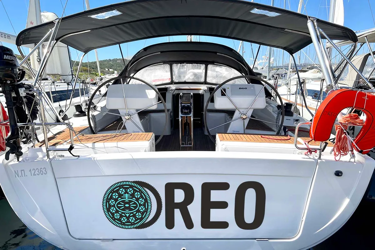 Exterior view of Oreo, a Hanse 458 sailboat at Thessaloniki, Greece