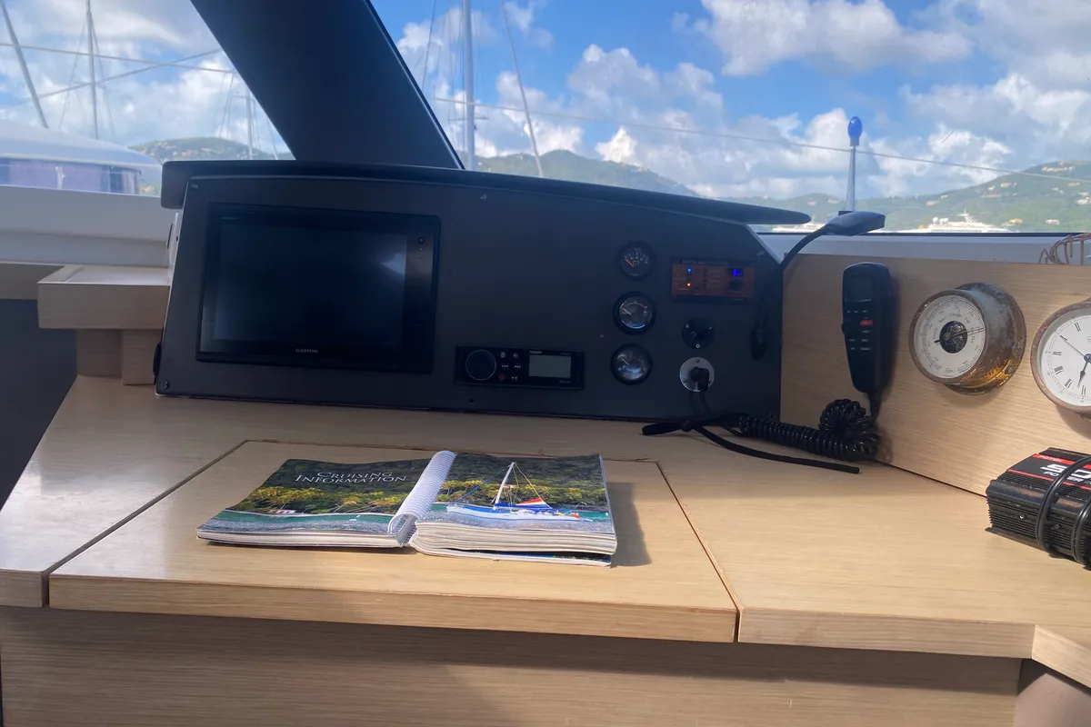 Cockpit of Peacemaker, a Fountaine Pajot Helia 44 catamaran at Road Town, British Virgin Islands