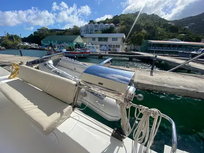 Deck of Peacemaker, a Fountaine Pajot Helia 44 catamaran at Road Town, British Virgin Islands