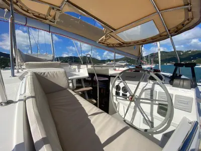 Cockpit of Peacemaker, a Fountaine Pajot Helia 44 catamaran at Road Town, British Virgin Islands