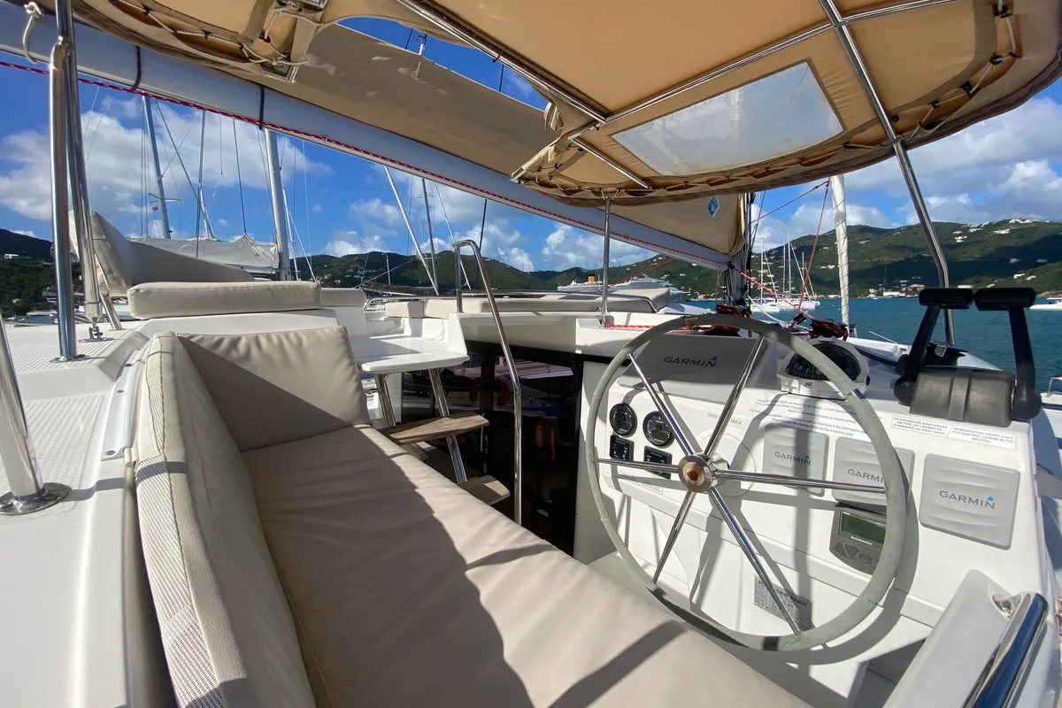 Cockpit of Peacemaker, a Fountaine Pajot Helia 44 catamaran at Road Town, British Virgin Islands