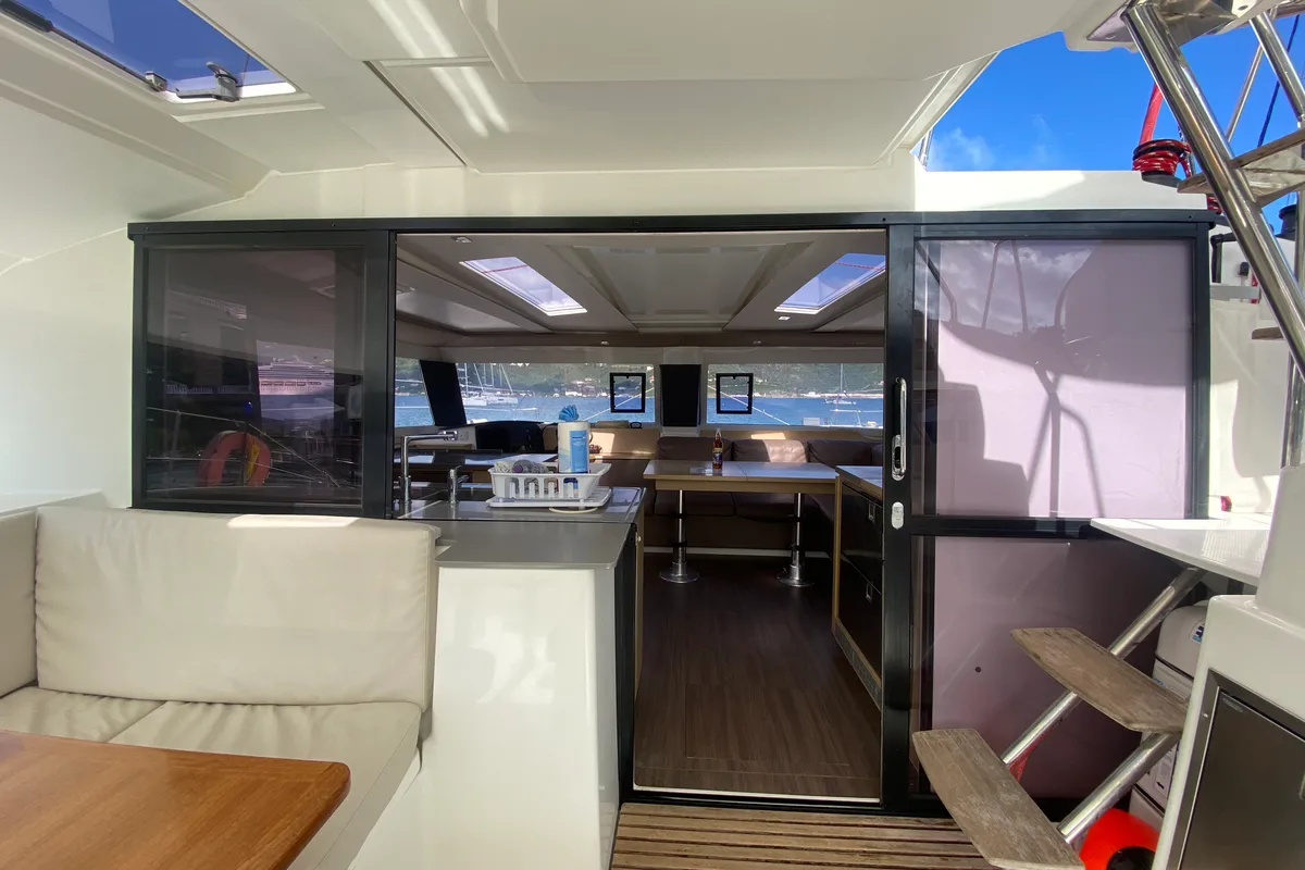 Deck of Peacemaker, a Fountaine Pajot Helia 44 catamaran at Road Town, British Virgin Islands