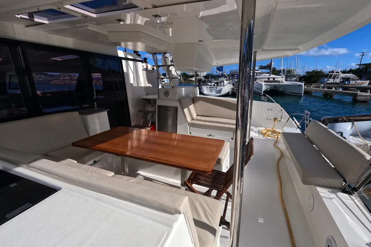 Deck of Peacemaker, a Fountaine Pajot Helia 44 catamaran at Road Town, British Virgin Islands
