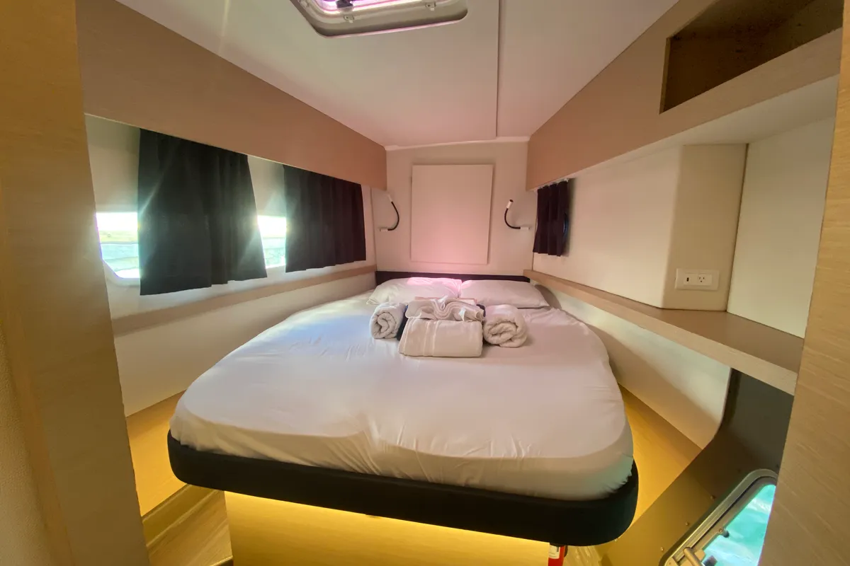 Cabin on Peacemaker, a Fountaine Pajot Helia 44 catamaran at Road Town, British Virgin Islands