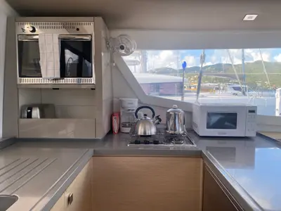 Galley of Peacemaker, a Fountaine Pajot Helia 44 catamaran at Road Town, British Virgin Islands