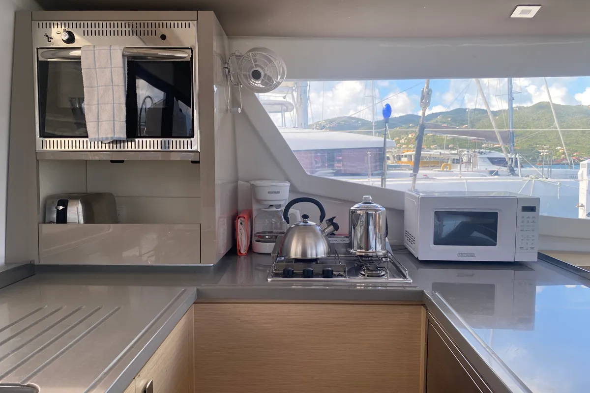 Galley of Peacemaker, a Fountaine Pajot Helia 44 catamaran at Road Town, British Virgin Islands