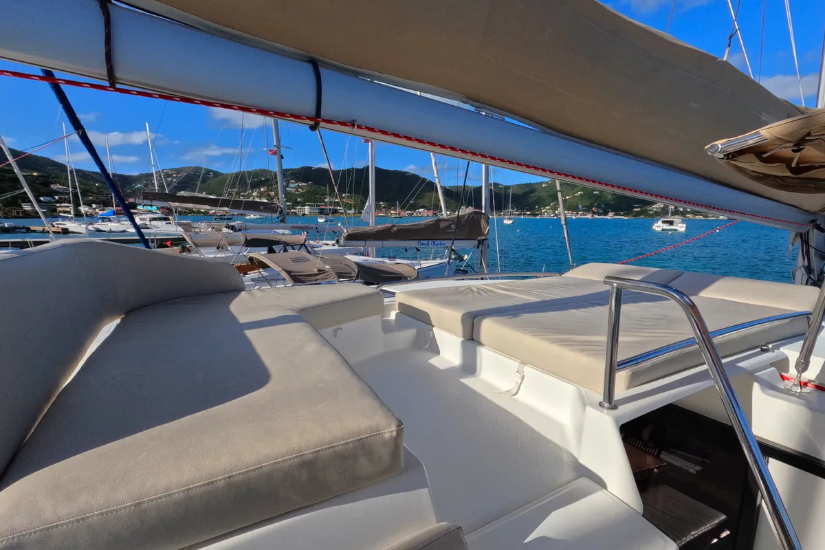 Deck of Peacemaker, a Fountaine Pajot Helia 44 catamaran at Road Town, British Virgin Islands