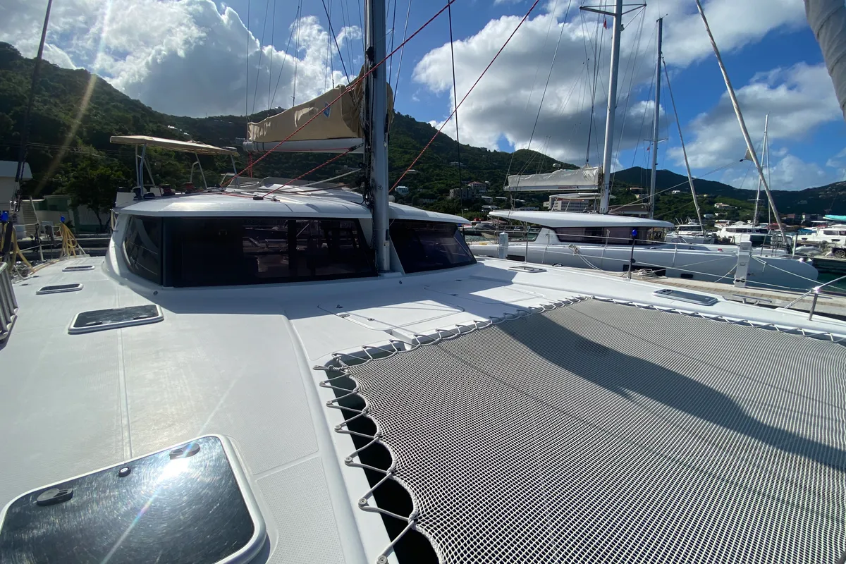 Deck of Peacemaker, a Fountaine Pajot Helia 44 catamaran at Road Town, British Virgin Islands