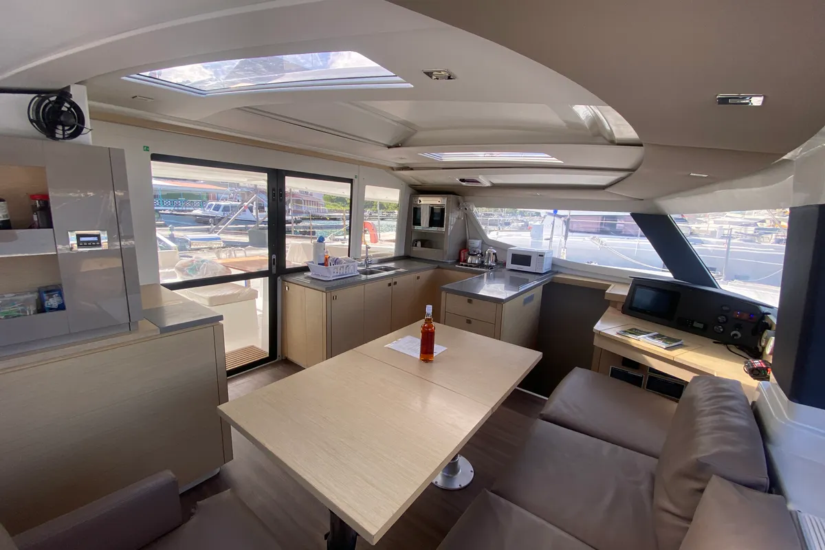Salon of Peacemaker, a Fountaine Pajot Helia 44 catamaran at Road Town, British Virgin Islands