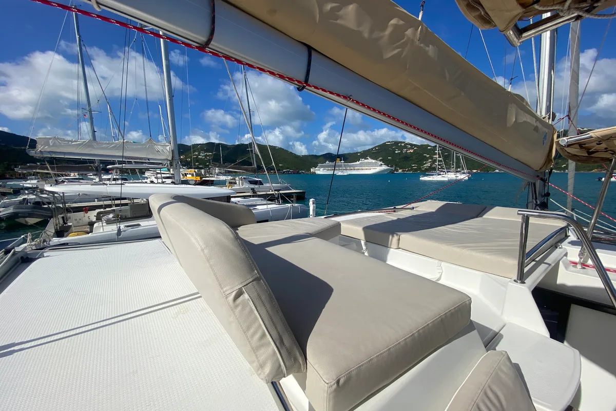 Deck of Peacemaker, a Fountaine Pajot Helia 44 catamaran at Road Town, British Virgin Islands