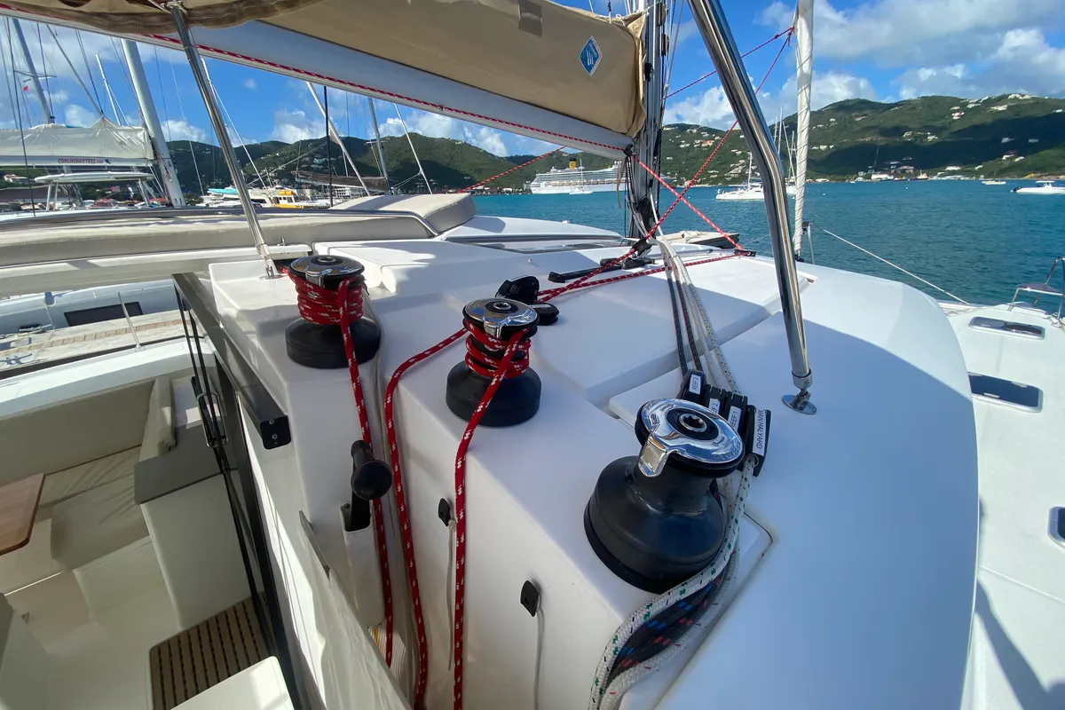 Deck of Peacemaker, a Fountaine Pajot Helia 44 catamaran at Road Town, British Virgin Islands