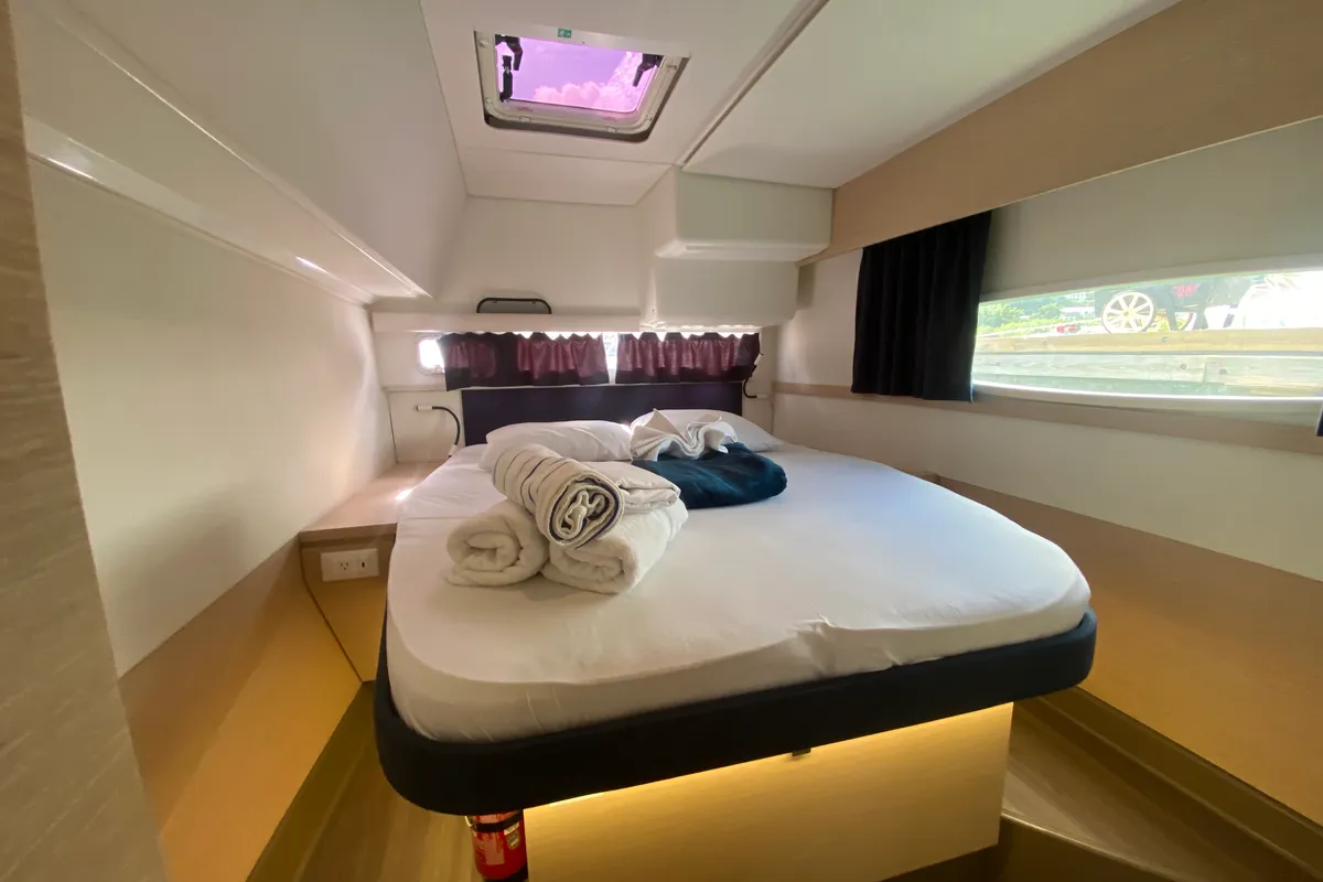 Cabin on Peacemaker, a Fountaine Pajot Helia 44 catamaran at Road Town, British Virgin Islands