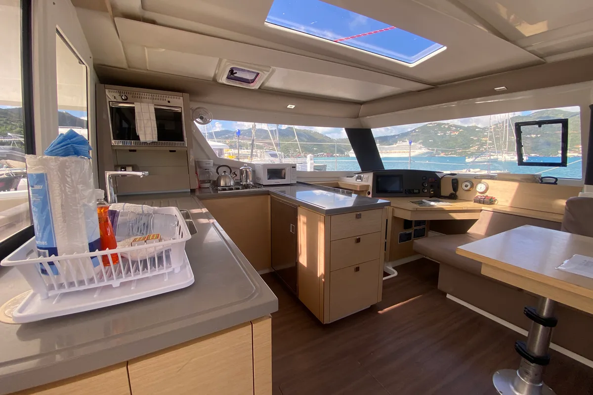 Galley of Peacemaker, a Fountaine Pajot Helia 44 catamaran at Road Town, British Virgin Islands