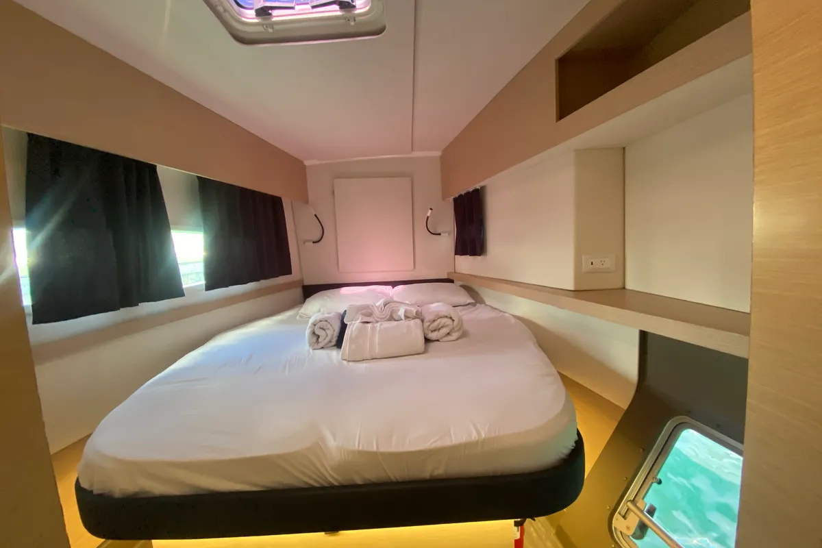 Cabin on Peacemaker, a Fountaine Pajot Helia 44 catamaran at Road Town, British Virgin Islands
