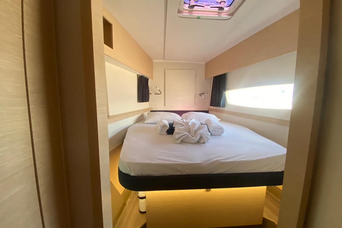 Cabin on Peacemaker, a Fountaine Pajot Helia 44 catamaran at Road Town, British Virgin Islands