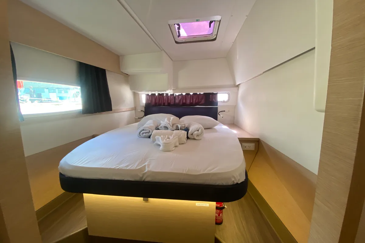 Cabin on Peacemaker, a Fountaine Pajot Helia 44 catamaran at Road Town, British Virgin Islands