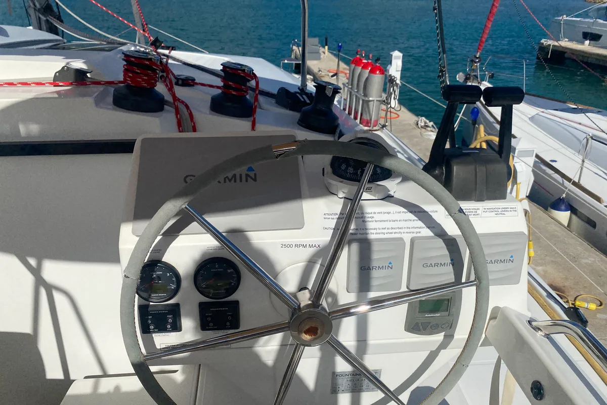 Cockpit of Peacemaker, a Fountaine Pajot Helia 44 catamaran at Road Town, British Virgin Islands