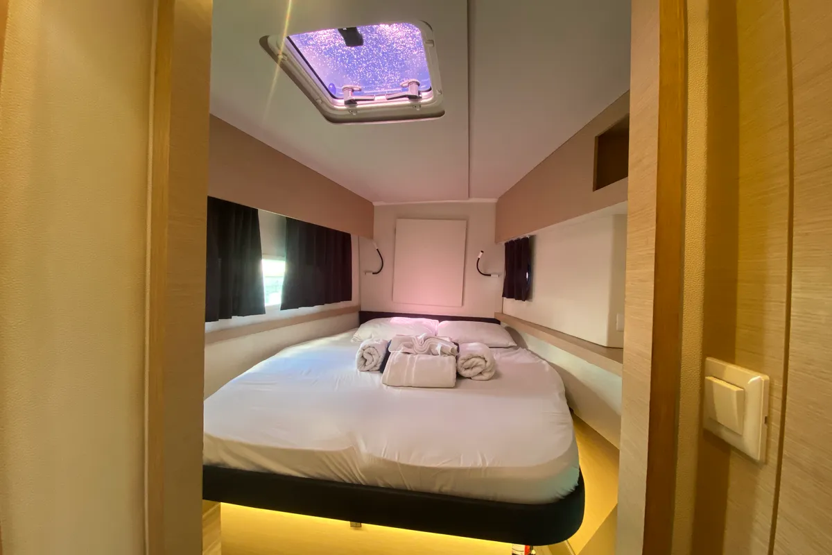 Cabin on Peacemaker, a Fountaine Pajot Helia 44 catamaran at Road Town, British Virgin Islands