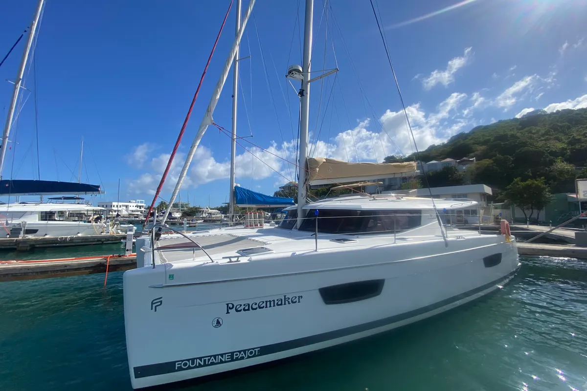 Exterior view of Peacemaker, a Fountaine Pajot Helia 44 catamaran at Road Town, British Virgin Islands