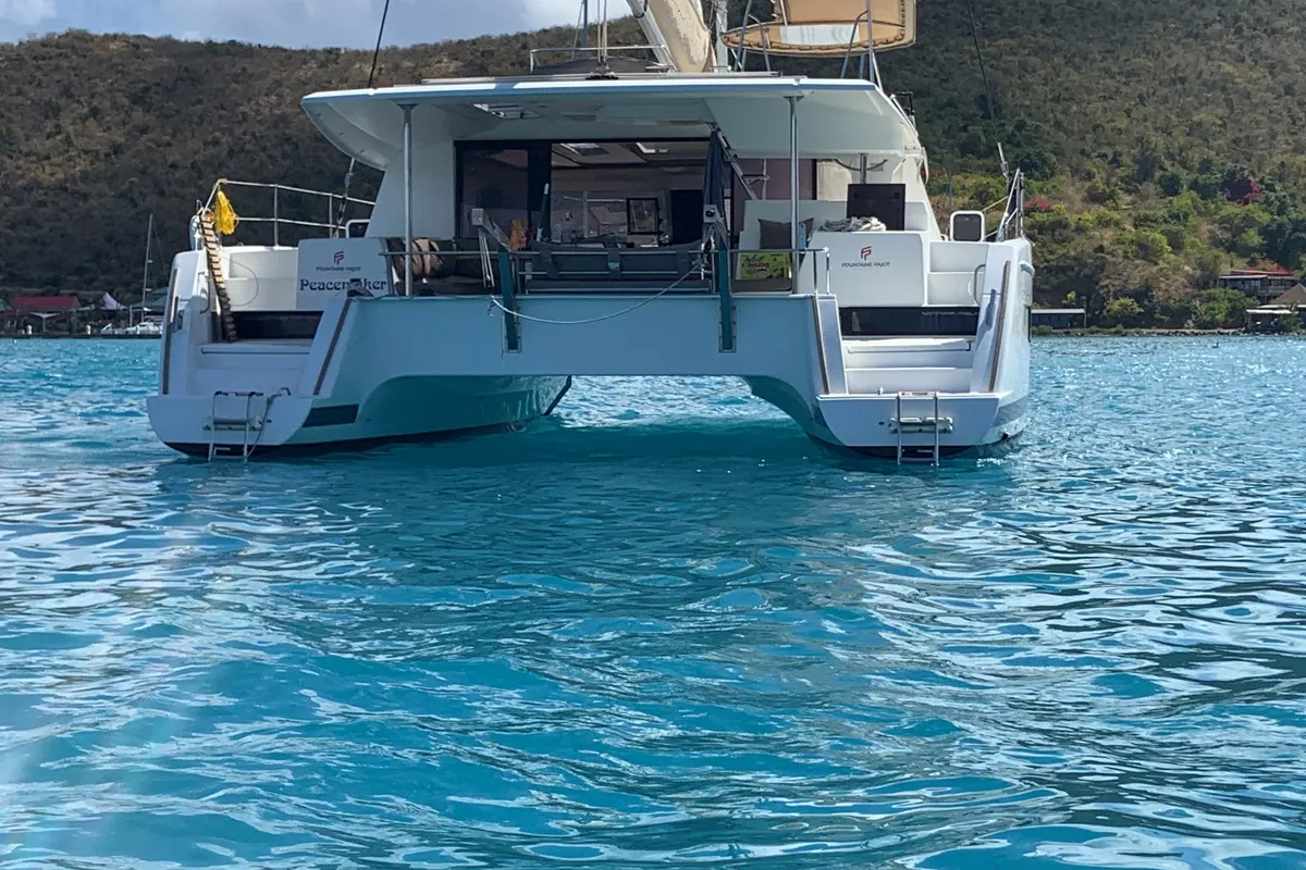 Exterior view of Peacemaker, a Fountaine Pajot Helia 44 catamaran at Road Town, British Virgin Islands