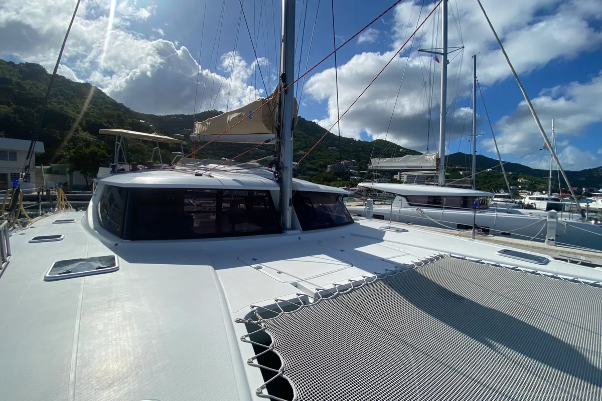 Deck of Peacemaker, a Fountaine Pajot Helia 44 catamaran at Road Town, British Virgin Islands