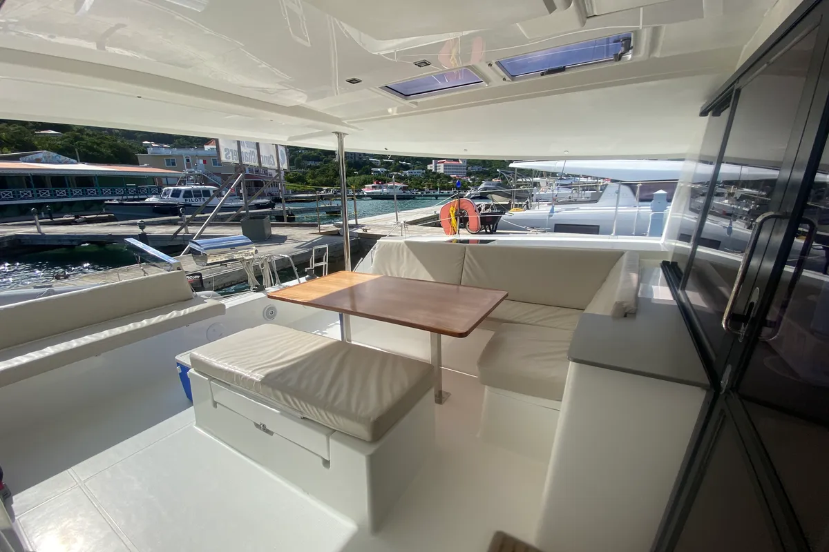 Deck of Peacemaker, a Fountaine Pajot Helia 44 catamaran at Road Town, British Virgin Islands