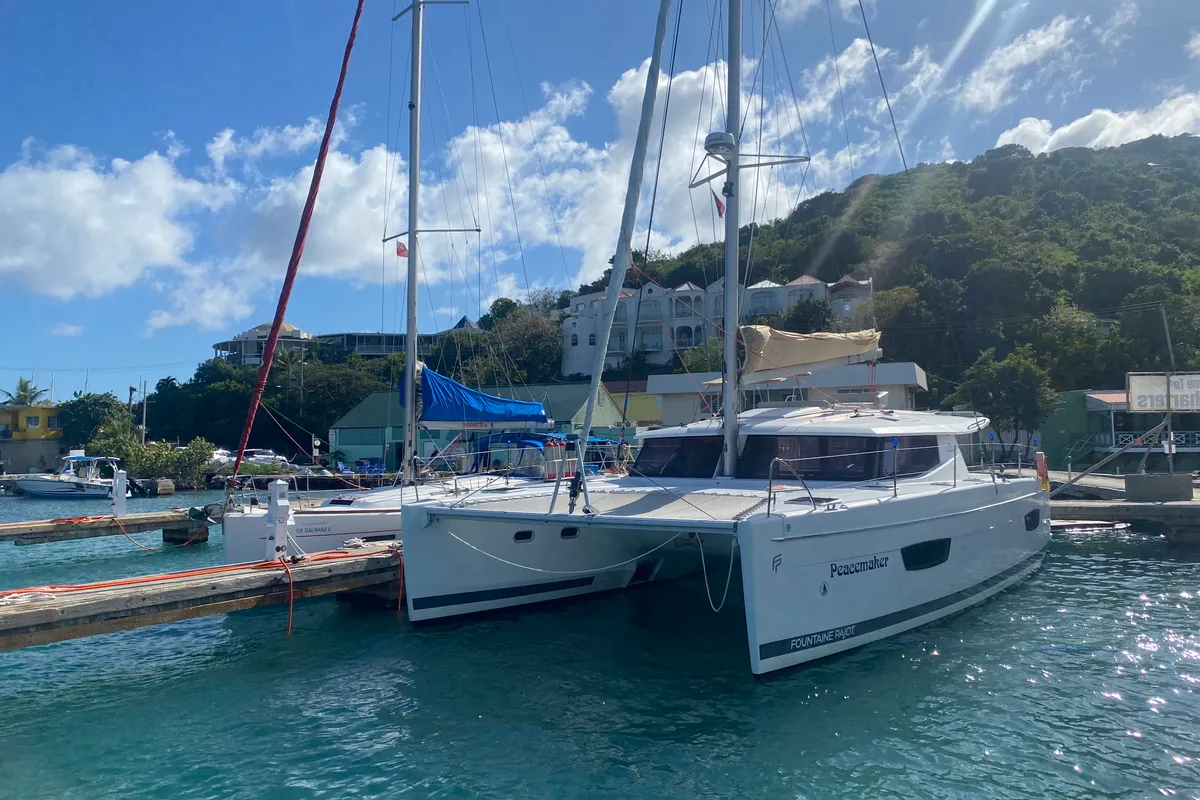 Exterior view of Peacemaker, a Fountaine Pajot Helia 44 catamaran at Road Town, British Virgin Islands