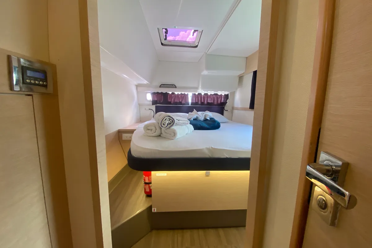 Cabin on Peacemaker, a Fountaine Pajot Helia 44 catamaran at Road Town, British Virgin Islands