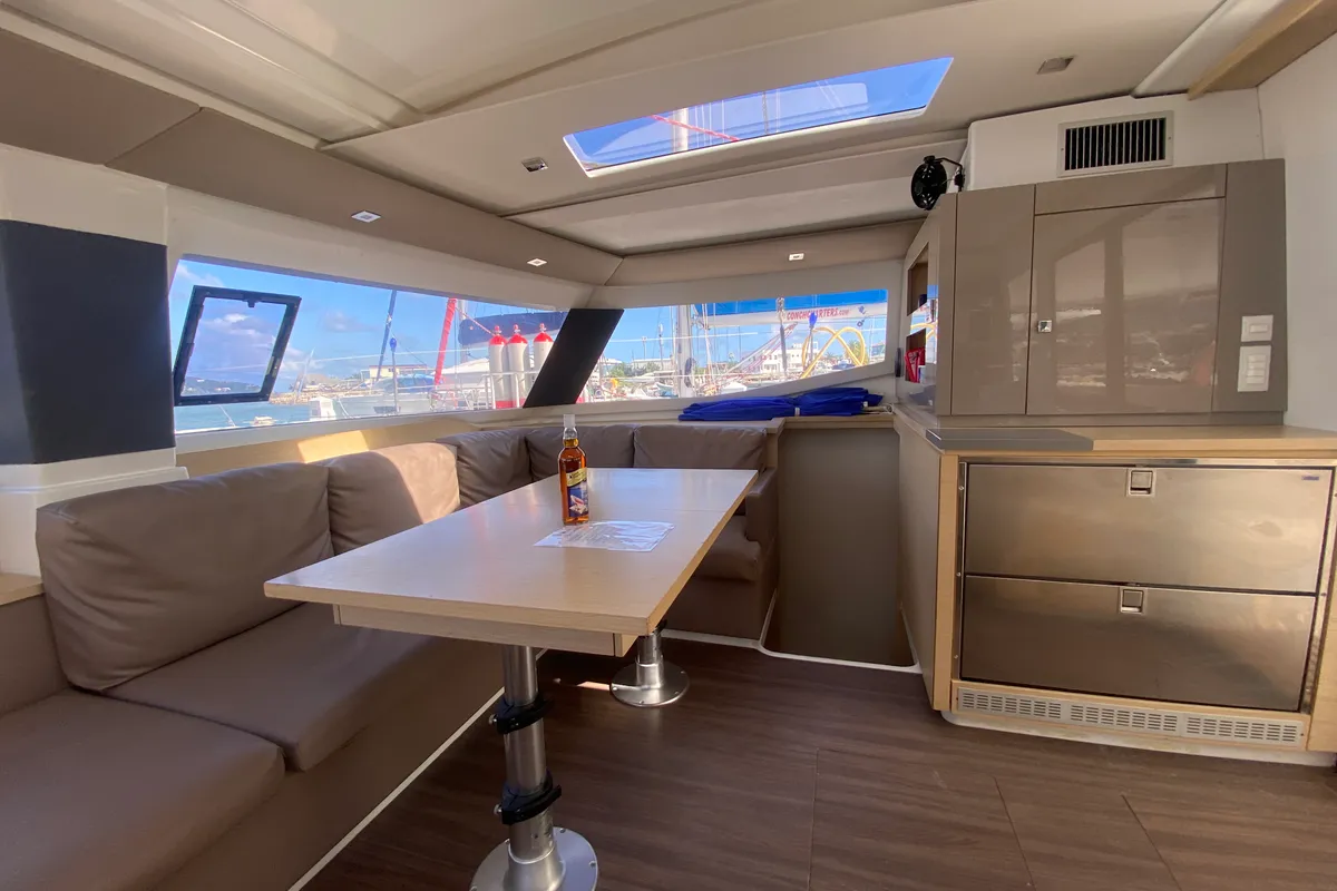 Salon of Peacemaker, a Fountaine Pajot Helia 44 catamaran at Road Town, British Virgin Islands