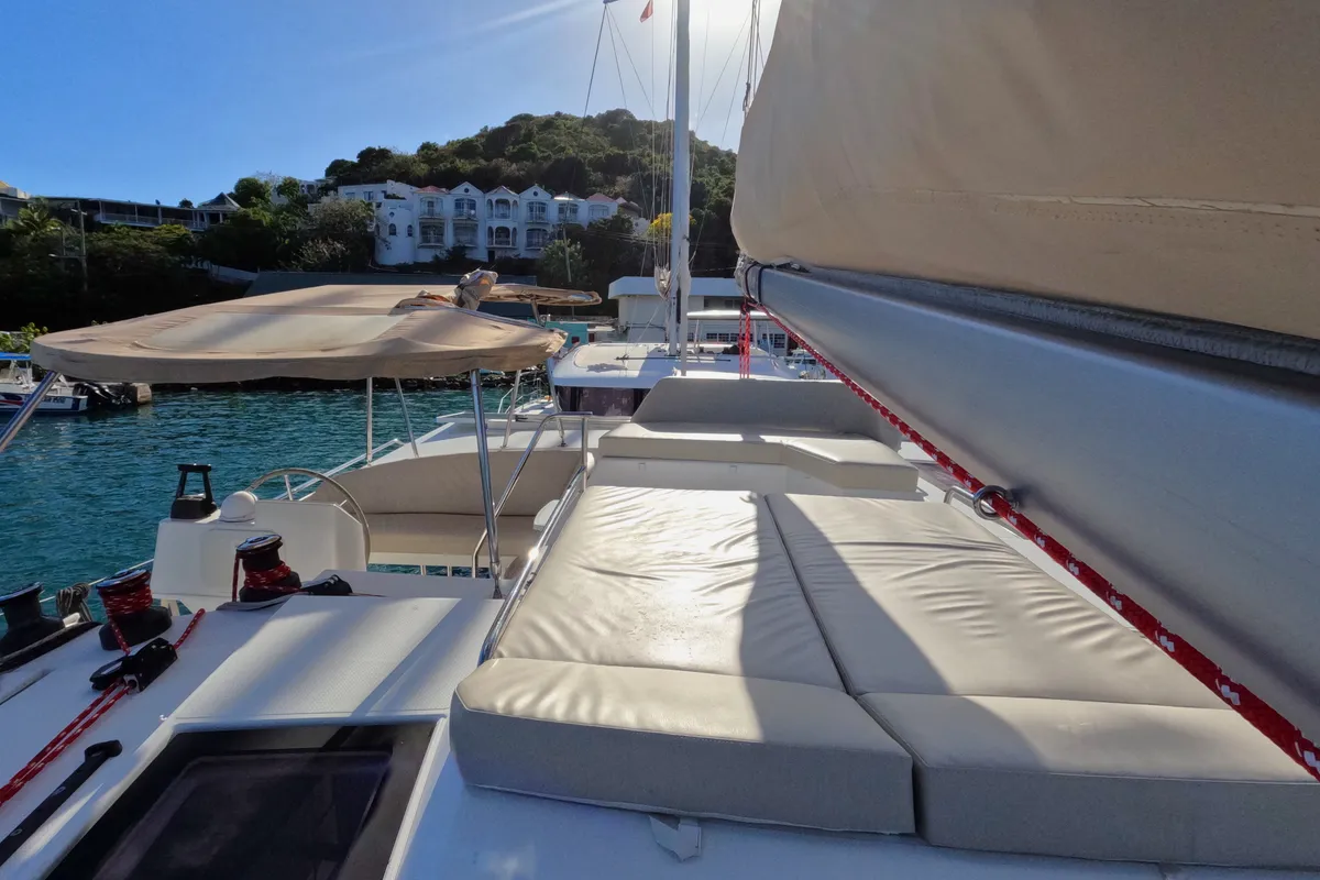 Deck of Peacemaker, a Fountaine Pajot Helia 44 catamaran at Road Town, British Virgin Islands