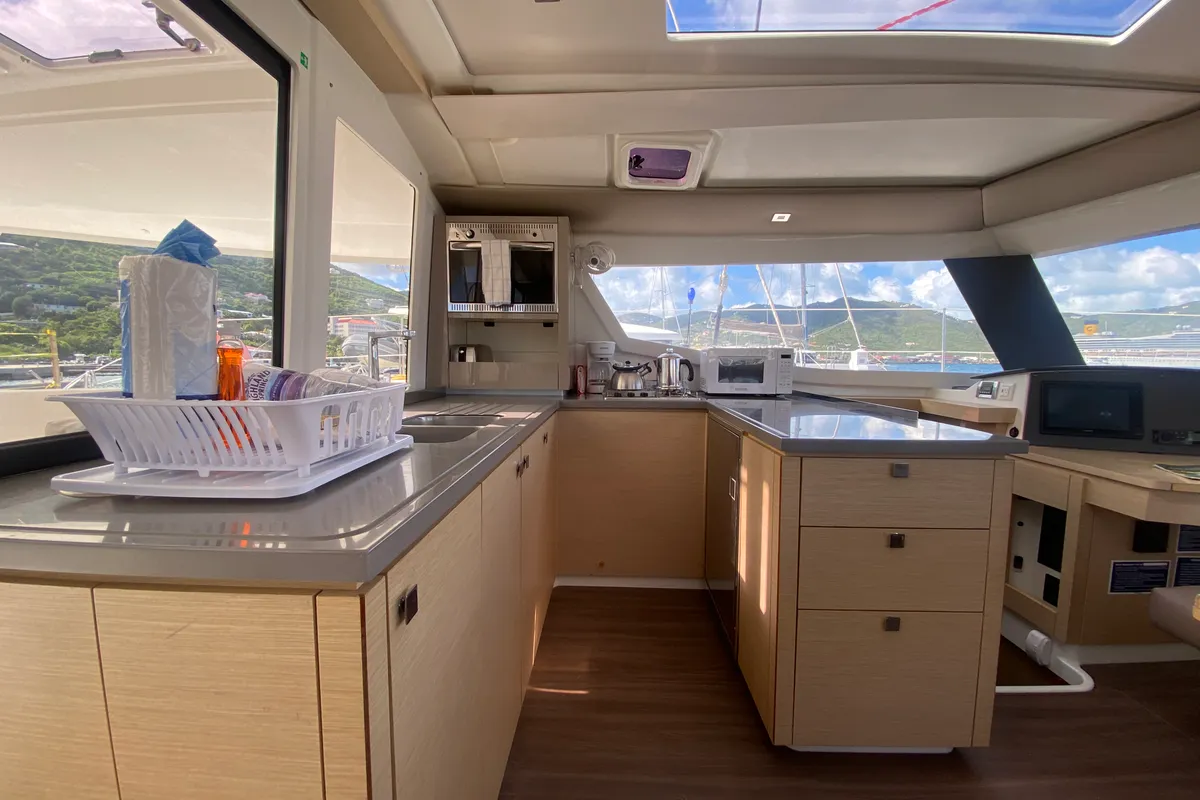 Galley of Peacemaker, a Fountaine Pajot Helia 44 catamaran at Road Town, British Virgin Islands