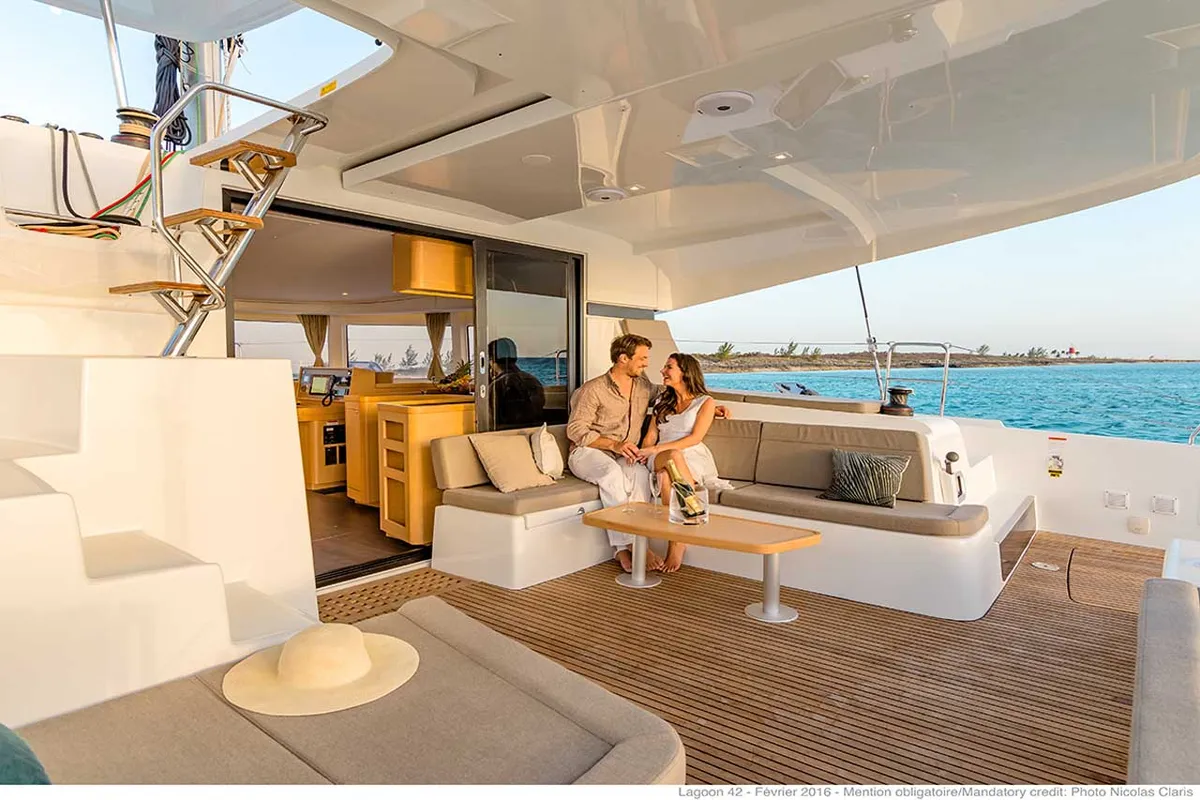 Deck of Solaris, a Lagoon 42 catamaran at Grad Trogir, Croatia