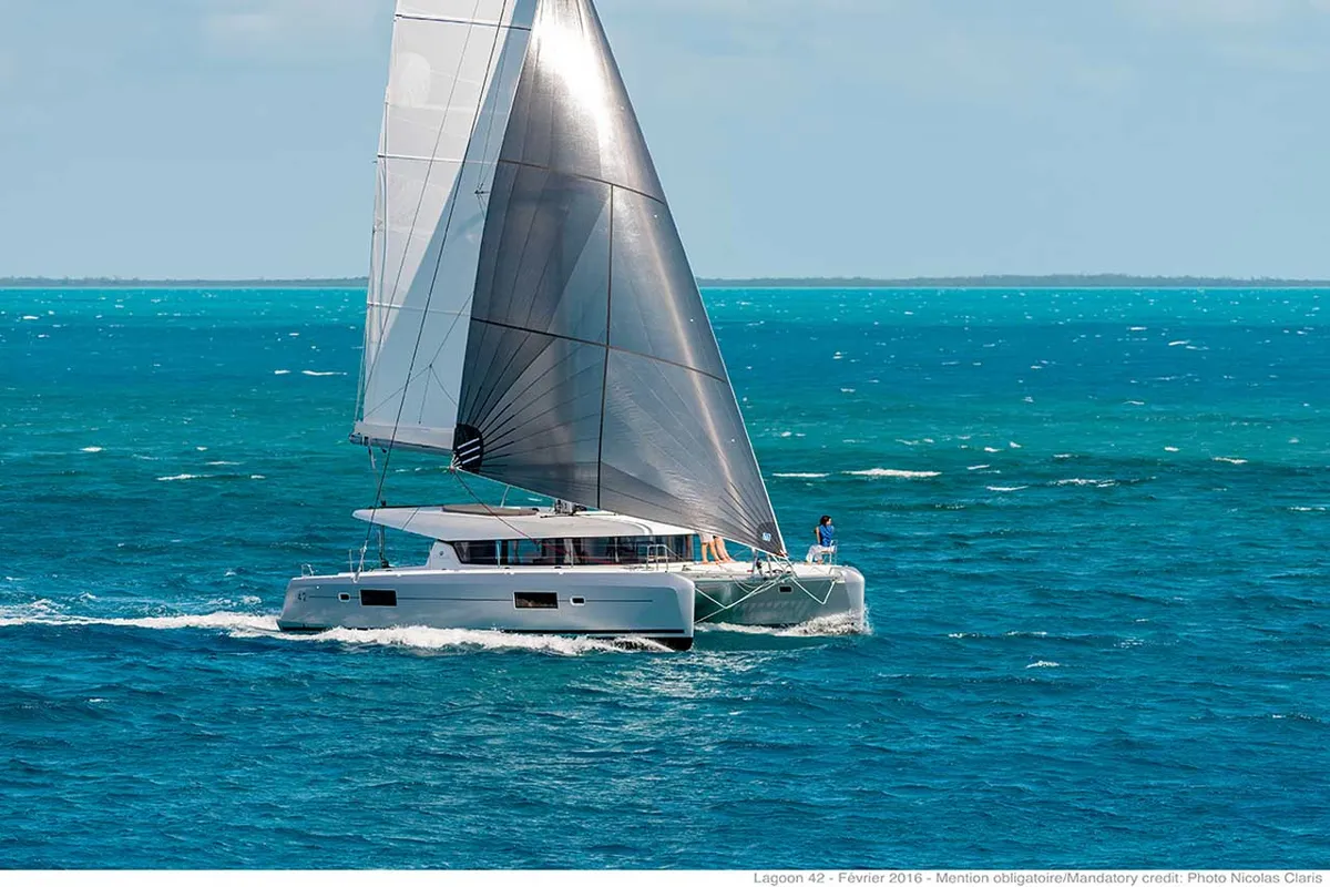 Exterior view of Solaris, a Lagoon 42 catamaran at Grad Trogir, Croatia
