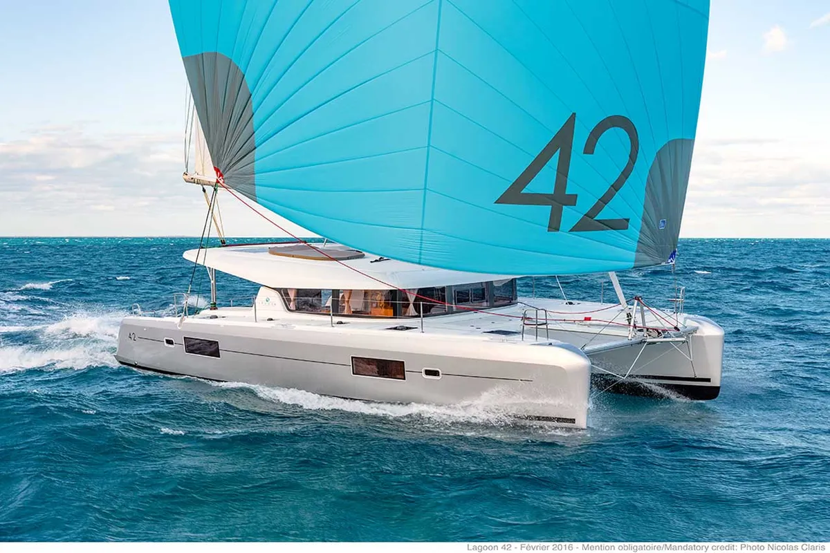 Exterior view of Solaris, a Lagoon 42 catamaran at Grad Trogir, Croatia