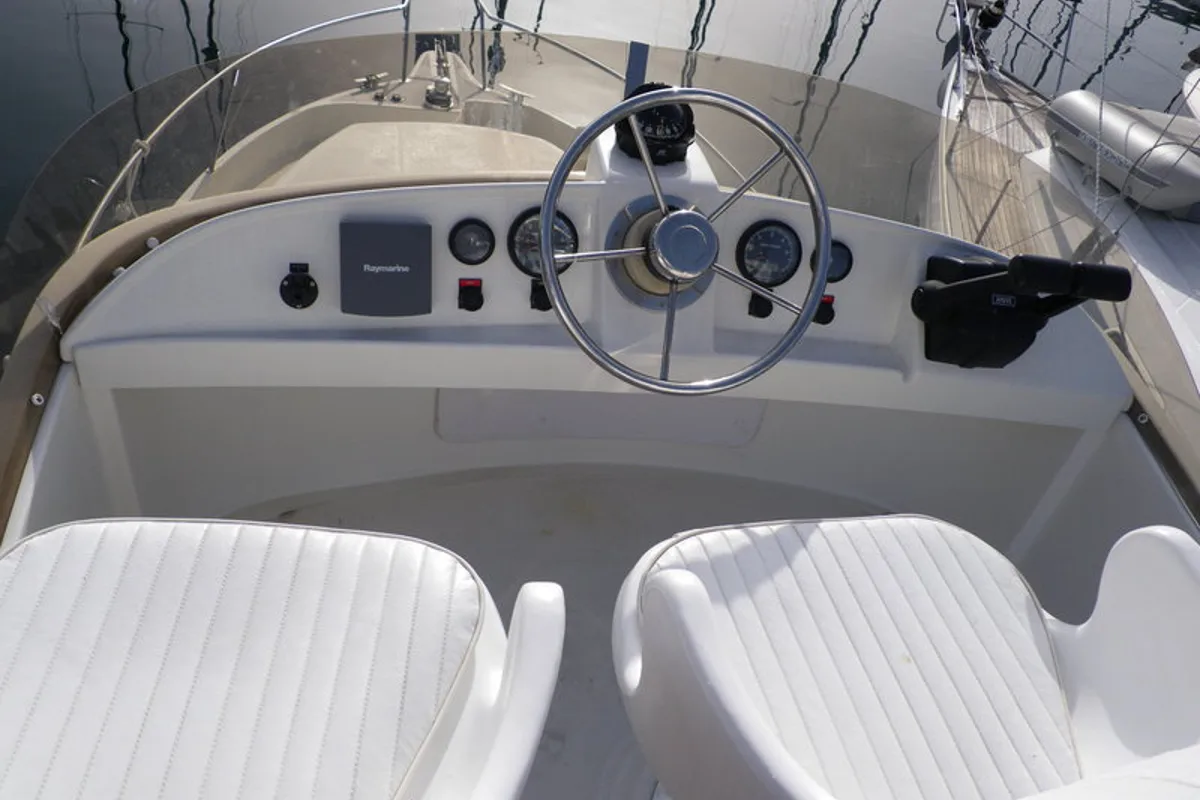 Cockpit of Txanpa Hiru, a Rodman 870 Fly motorboat at Vigo, Spain