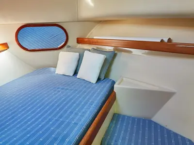 Cabin on Txanpa Hiru, a Rodman 870 Fly motorboat at Vigo, Spain