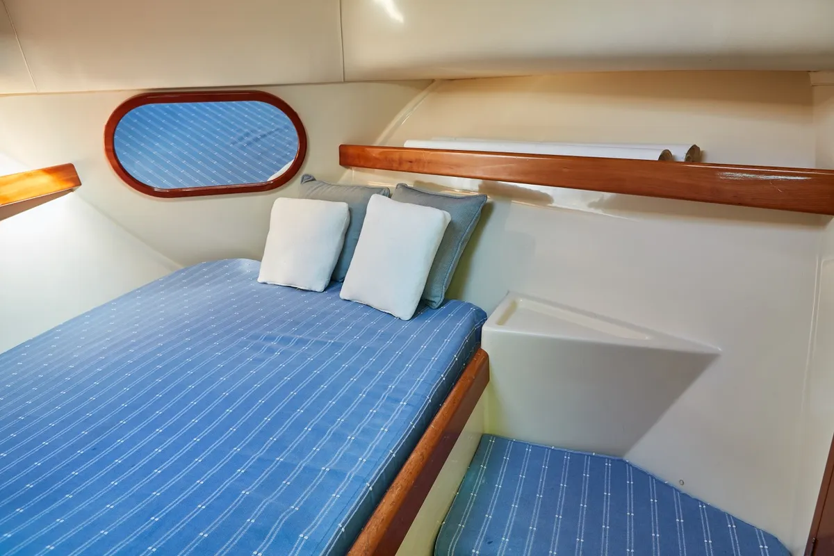 Cabin on Txanpa Hiru, a Rodman 870 Fly motorboat at Vigo, Spain