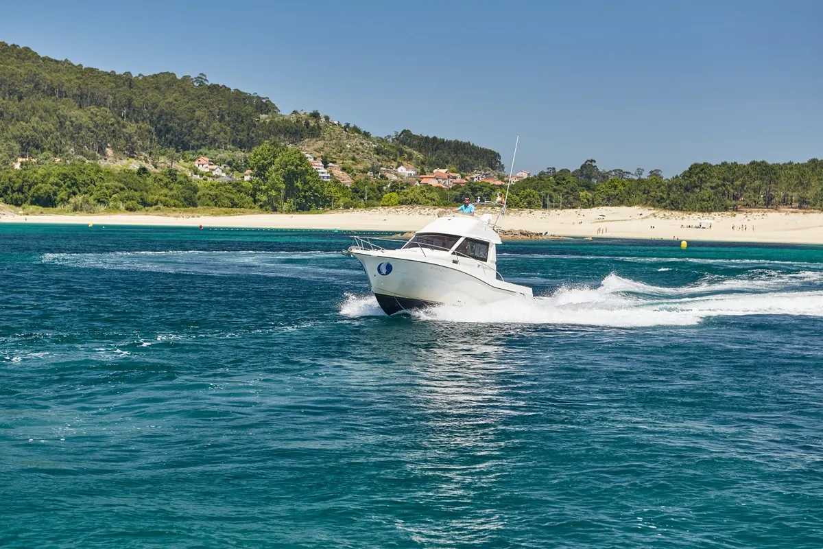Exterior view of Txanpa Hiru, a Rodman 870 Fly motorboat at Vigo, Spain