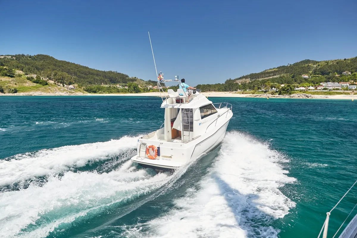 Exterior view of Txanpa Hiru, a Rodman 870 Fly motorboat at Vigo, Spain