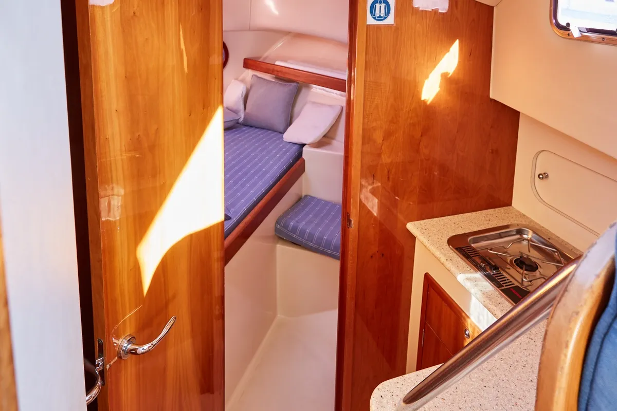 Galley of Txanpa Hiru, a Rodman 870 Fly motorboat at Vigo, Spain