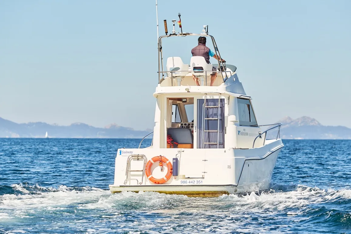 Exterior view of Txanpa Hiru, a Rodman 870 Fly motorboat at Vigo, Spain